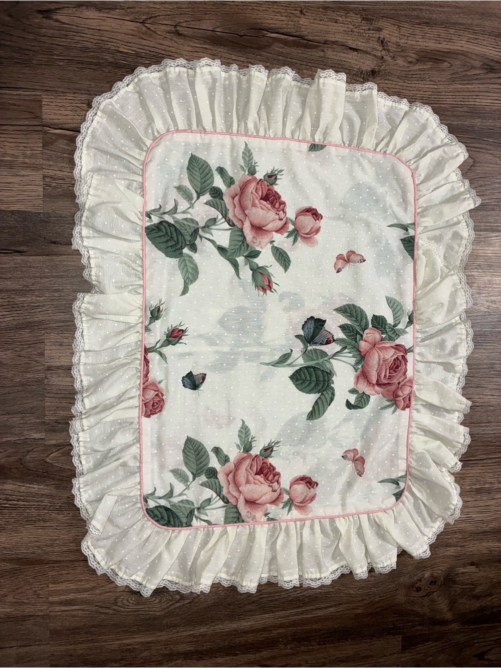 Shabby Chic Pink Rose Ruffle Pillow Cover with Cream Lace